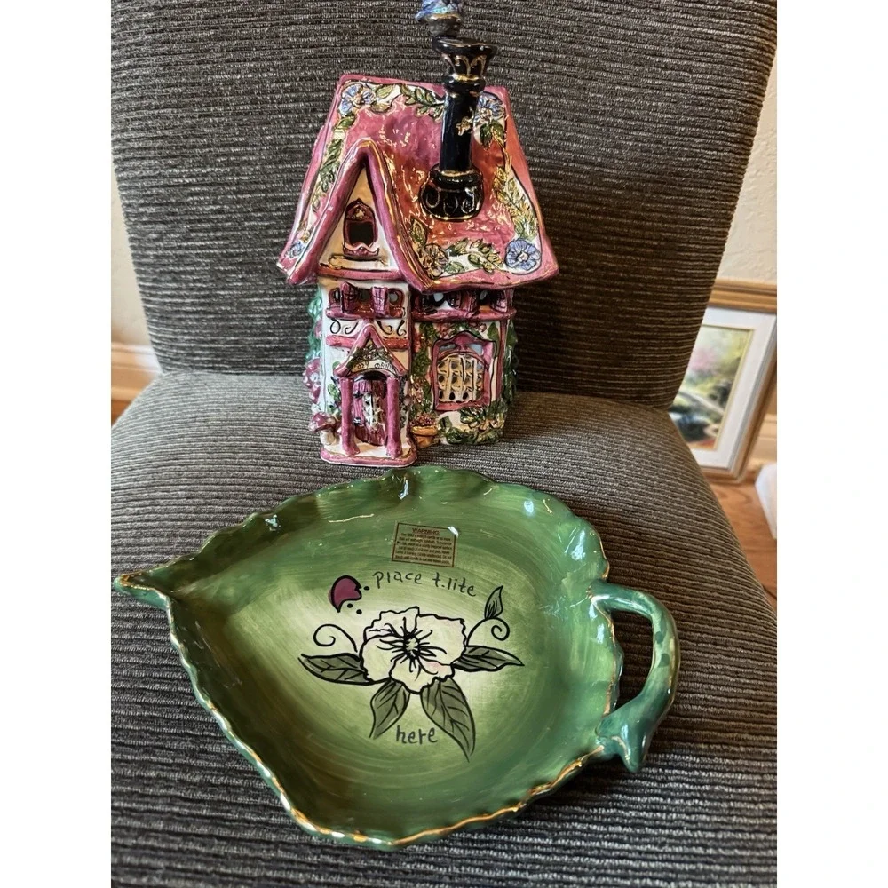 Blue Sky Clayworks Heather Goldminc Cozy Corner House CandleHolder w/Under Plate